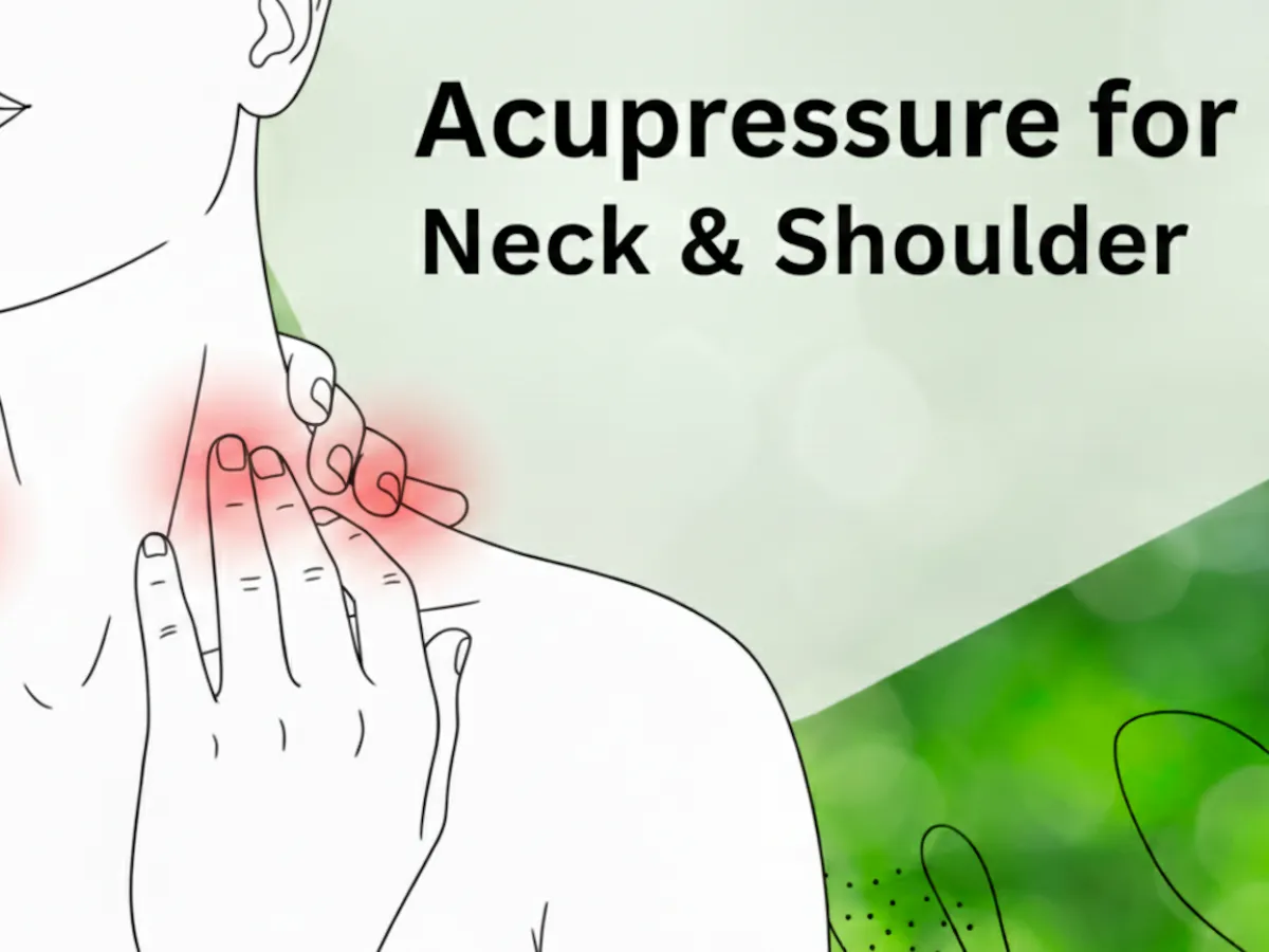 Line drawing of a hand pressing the side of the neck, with the words Acupressure for Neck & Shoulder