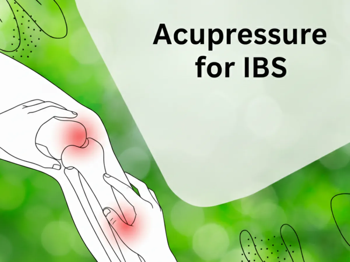 Line drawing of hands on a bent knee, one at the kneecap and one on the shin below it, with the words Acupressure for IBS
