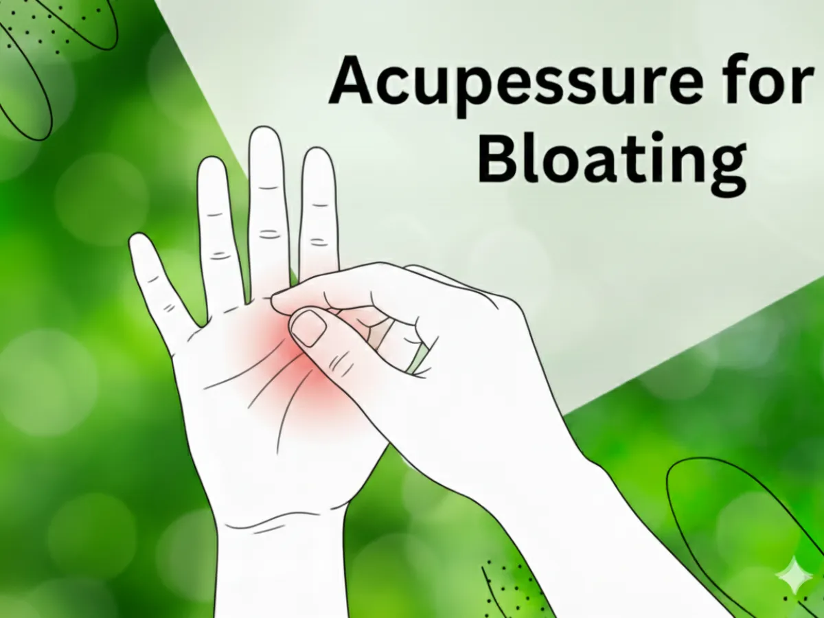 Line drawing of a thumb pressing the palm of the other hand, with the words Acupessure for Bloating
