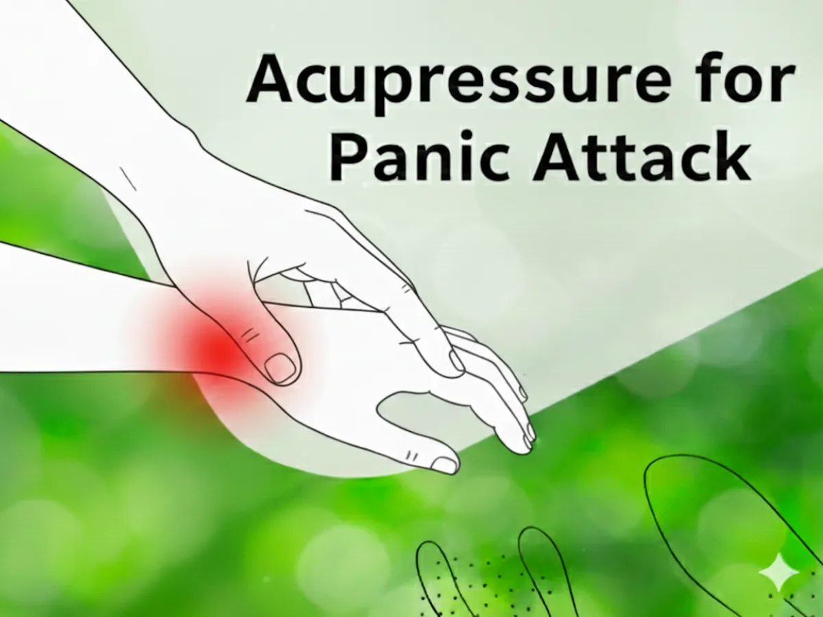 Line drawing of a thumb pressing the inner wrist of another hand, with a red glow, and the words Acupressure for Panic Attack