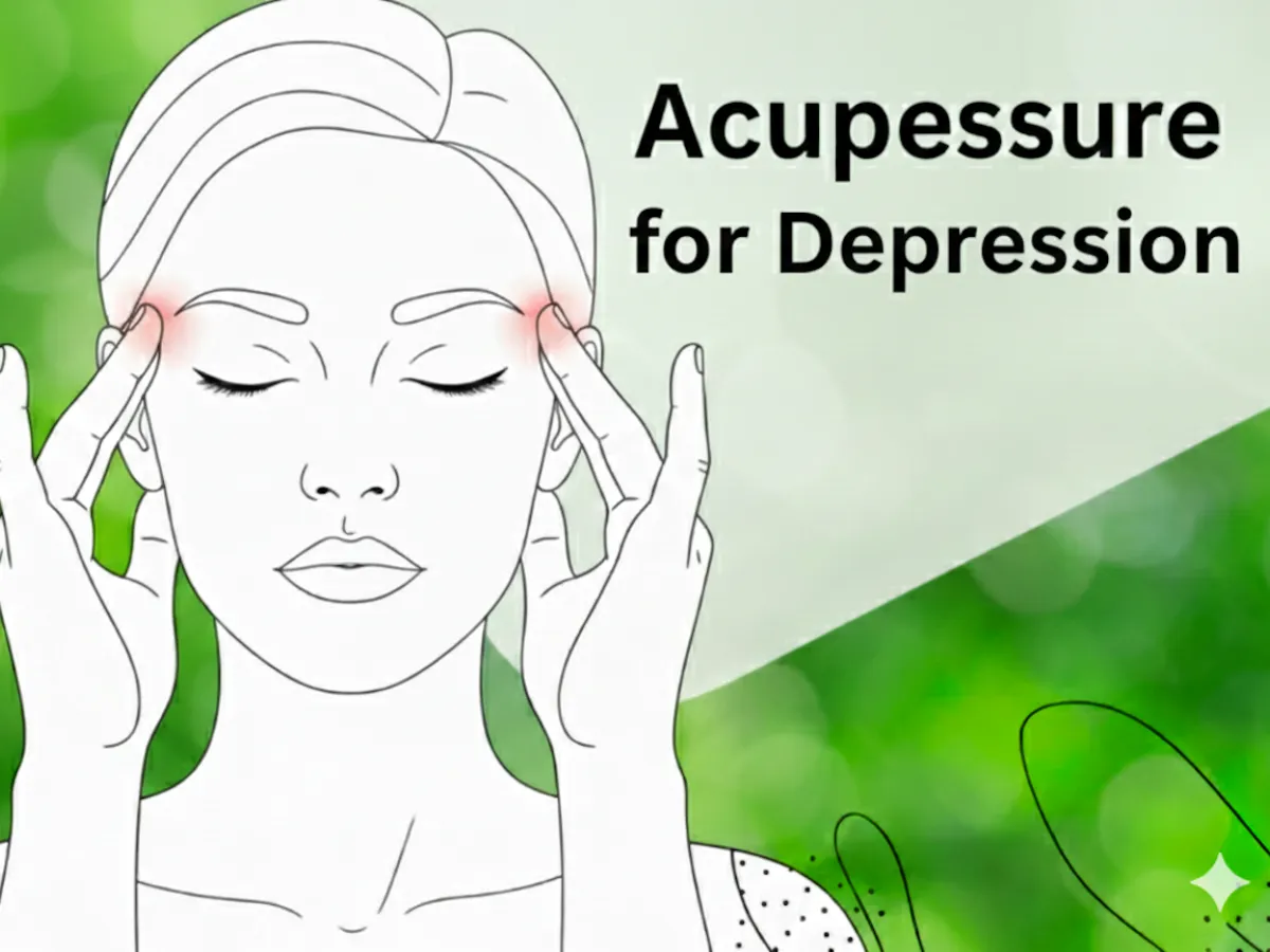 Line drawing of a woman with closed eyes pressing both temples with her fingertips, with a red glow at each temple, and the words Acupessure for Depression