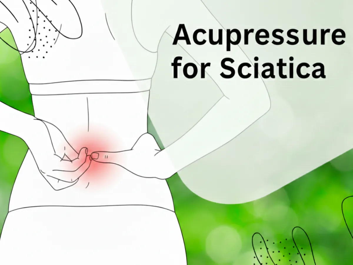 Line drawing of a person pressing both thumbs into the middle of the lower back, with the words Acupressure for Sciatica
