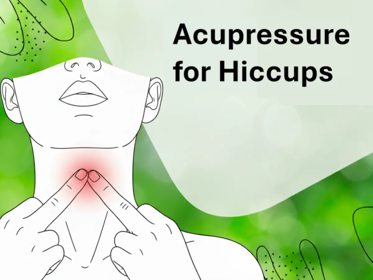 Drawing of two fingertips at the hollow at the base of the throat, with the words Acupressure for Hiccups