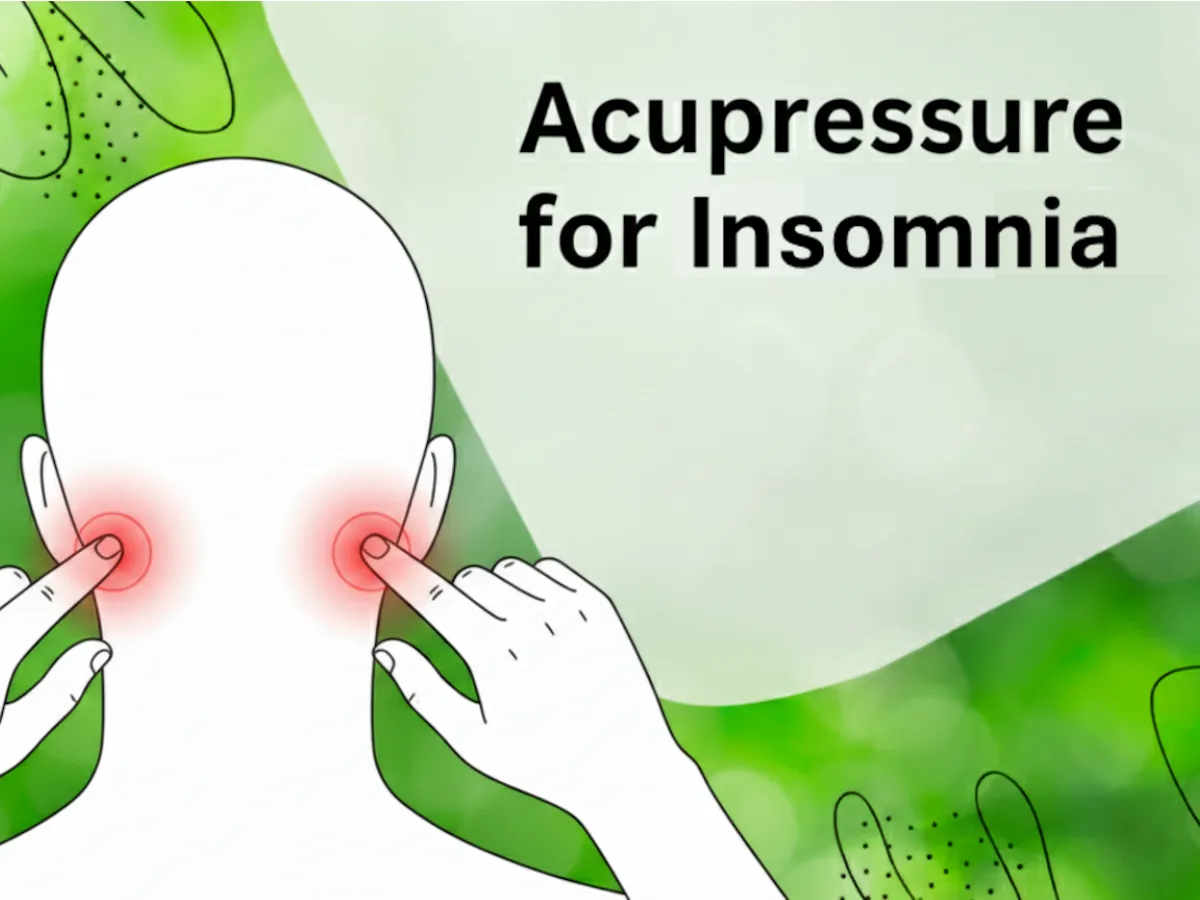 Line drawing of a head seen from behind, with two fingers pressing the hollows behind the ears, and the words Acupressure for Insomnia