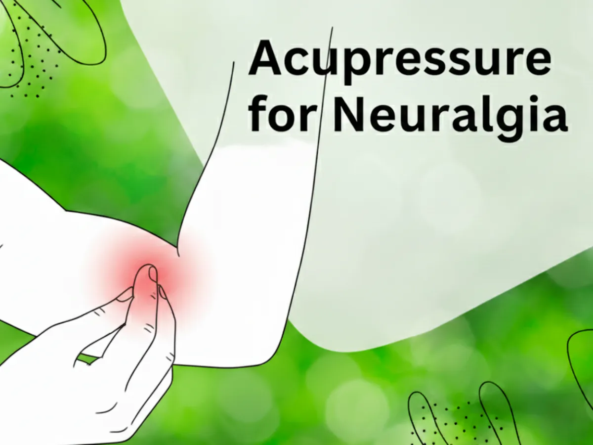 Line drawing of a thumb pressing the inside of the elbow, with the words Acupressure for Neuralgia