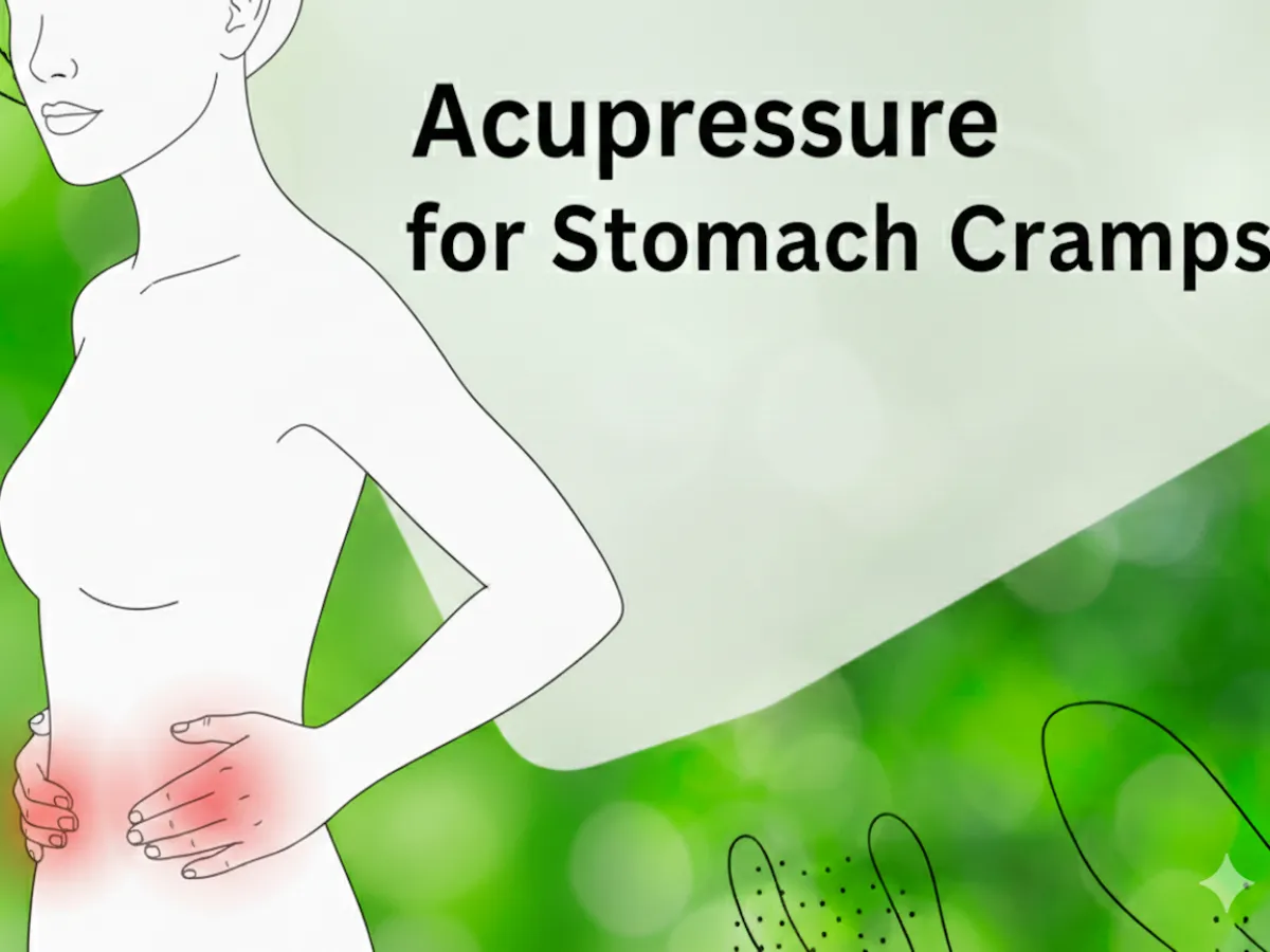 Line drawing of a woman holding both hands on her lower belly, with the words Acupressure for Stomach Cramps