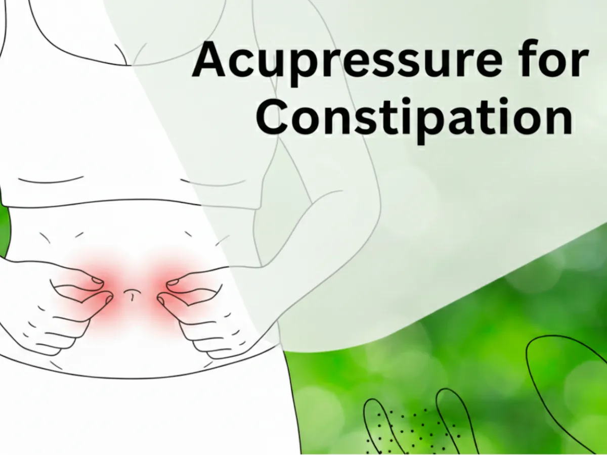 Line drawing of a woman pressing her fingertips on both sides of her navel, with the words Acupressure for Constipation