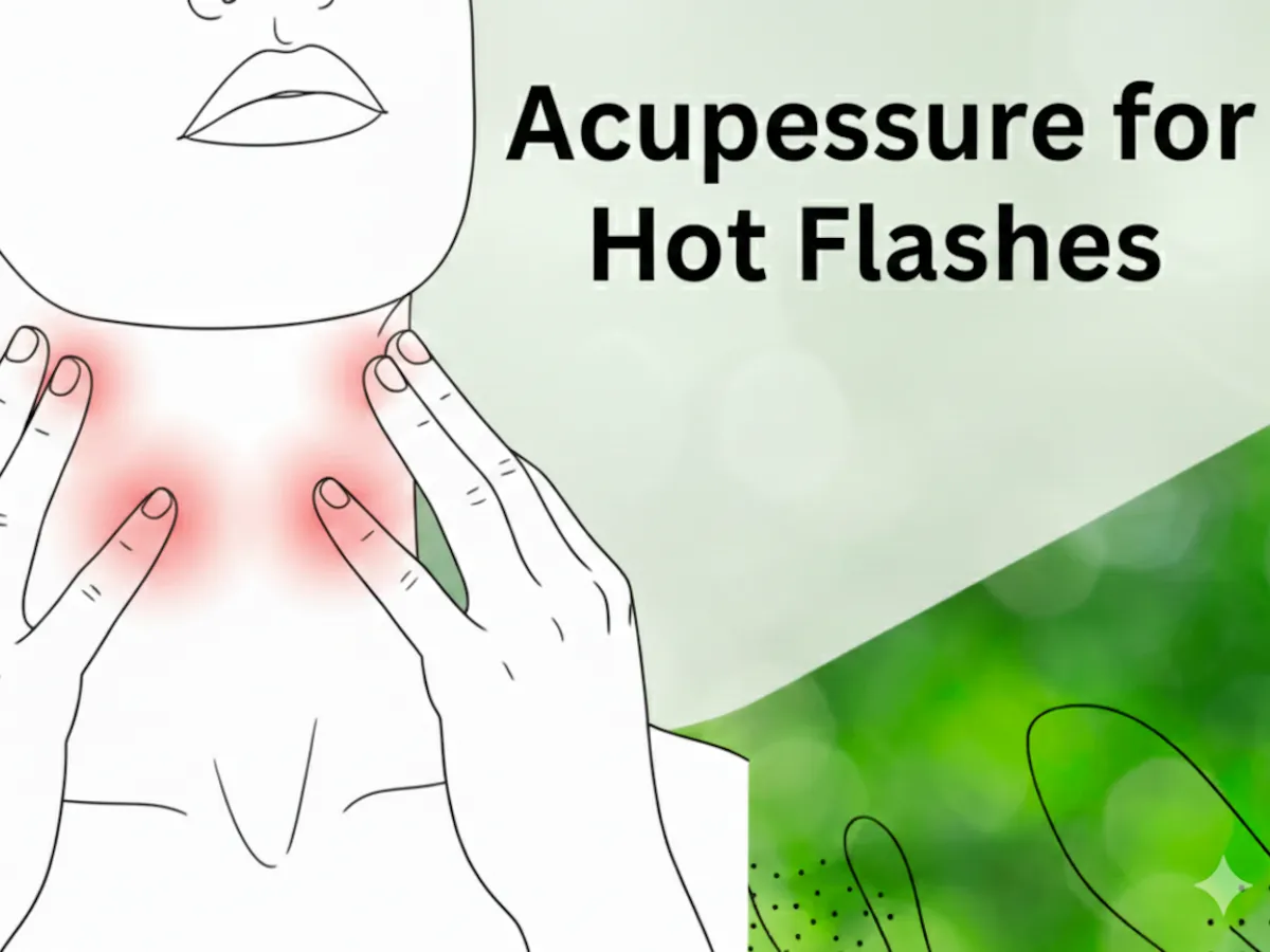 Drawing of a woman touching both sides of her neck, with the words Acupressure for Hot Flashes