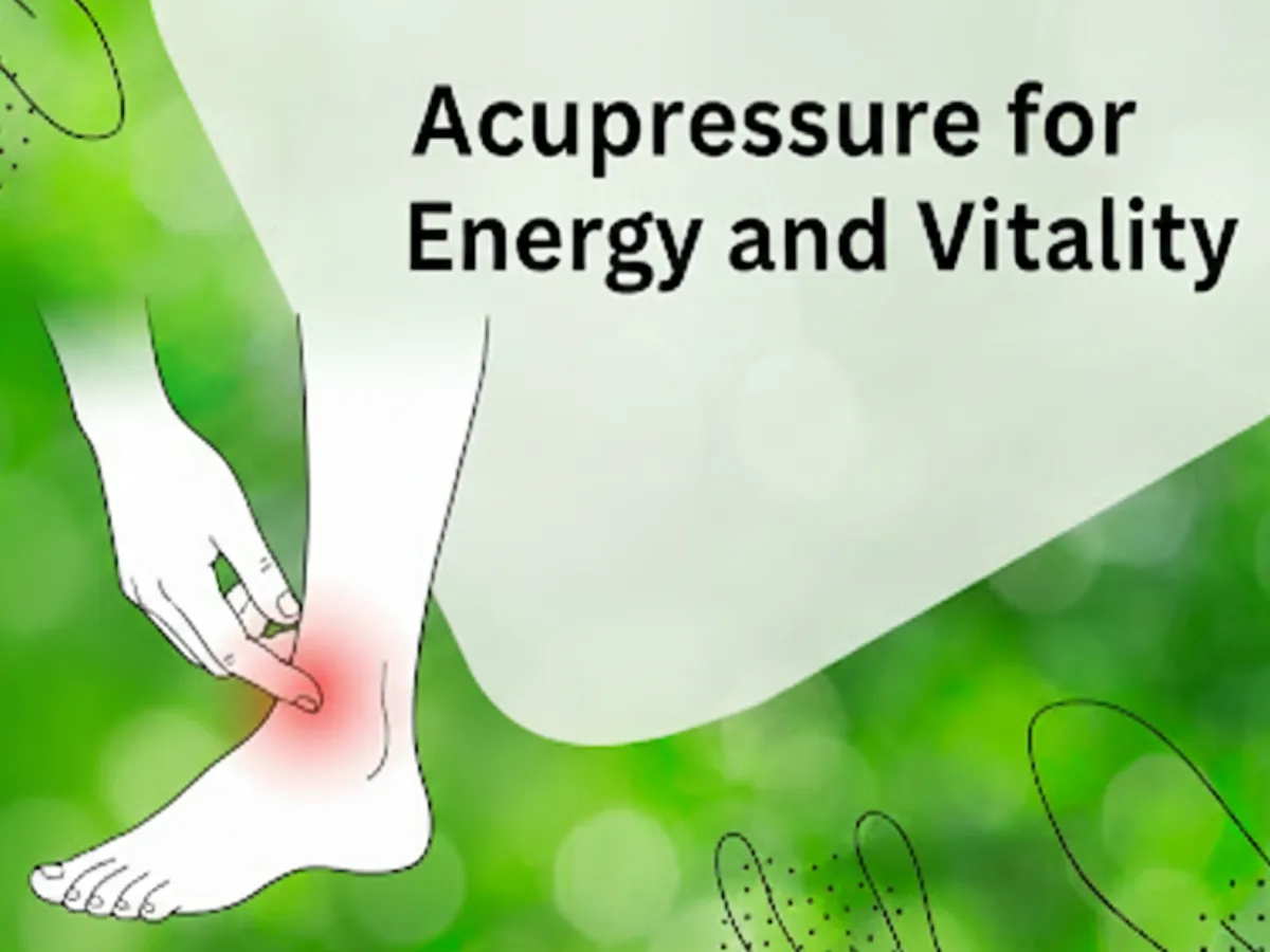 Line drawing of fingers pinching the back of the ankle beside the ankle bone, with a red glow, and the words Acupressure for Energy and Vitality