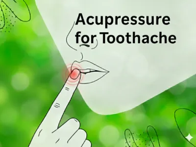 Drawing of a fingertip pressing beside the corner of the mouth, with the words Acupressure for Toothache