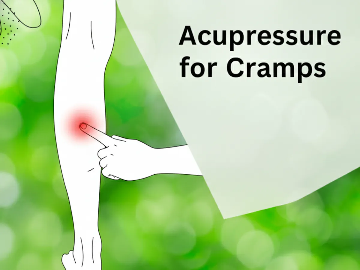 Line drawing of a finger pressing a point on the inner lower leg, with the words Acupressure for Cramps