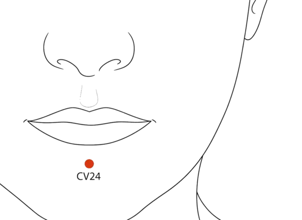 CV-24 - Container of Fluids Acupoint Location illustration for In the depression in the center of the mentolabial groove, below the lower lip.