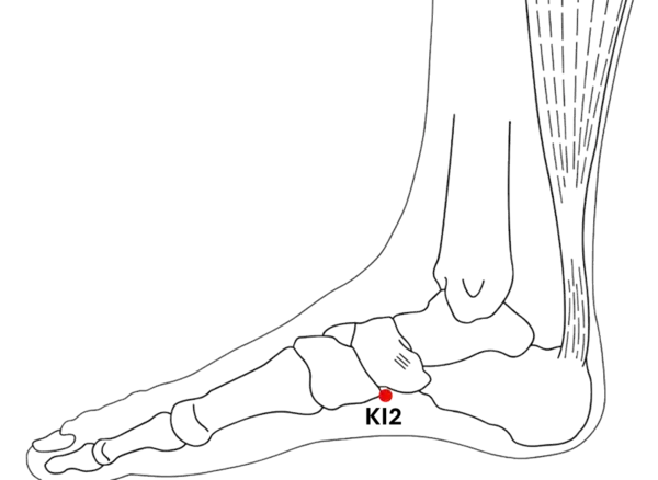 KI-2 - Blazing Valley Acupoint Location illustration for Located in the depression on the medial arch, just below the navicular bone.