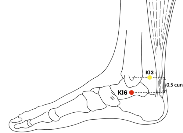 KI-6 - Shining Sea Acupoint Location illustration for Located on the medial ankle, just inferior to the malleolus.