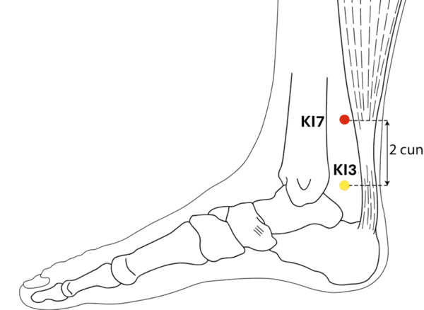 KI-7 - Returning Current Acupoint Location illustration for Located on the medial lower leg, above KI-3, near the tendon.