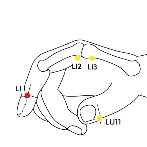 LI-1 - Metal Yang Acupoint Location illustration for Located at the nail base of the index finger, on the radial side.