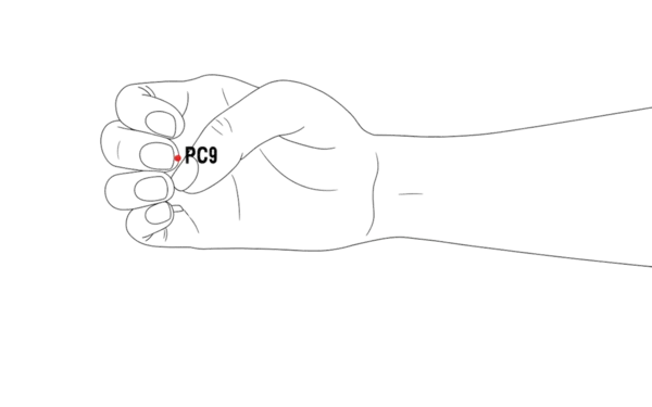 PC-9 - Central Hub Acupoint Location illustration for Located on the radial side of the middle finger, near the nail base.
