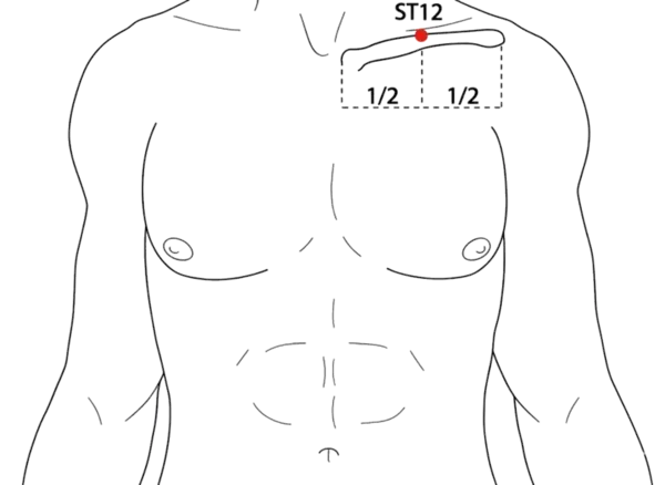 ST-12 - Empty Basin Acupoint Location illustration for In the supraclavicular fossa, posterior to the superior border of the clavicle, 4 cun lateral to the anterior midline, at the midpoint between the clavicle and the trapezius.