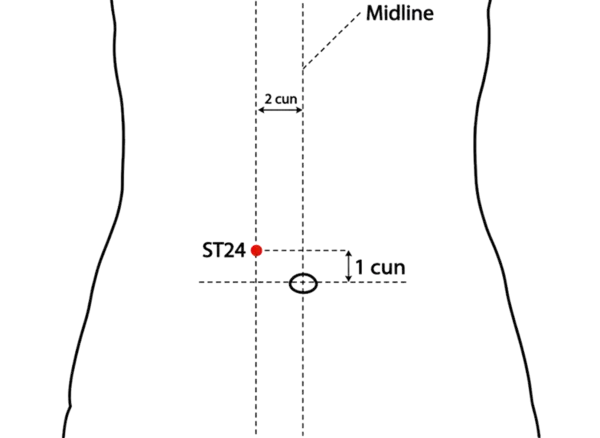 ST-24 - Slippery Flesh Gate Acupoint Location illustration for On the upper abdomen, 1 cun above the umbilicus and 2 cun lateral to the anterior midline, level with CV-9.