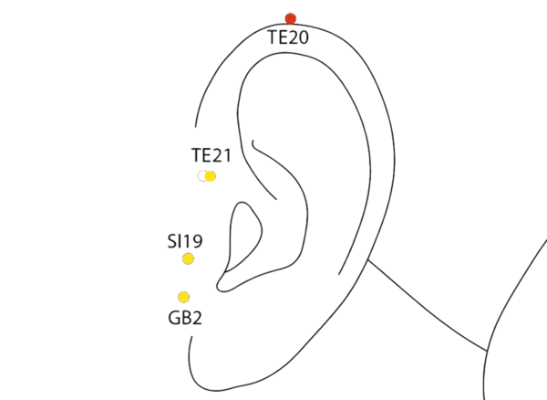 TE-20 - Angle of the Head Acupoint Location illustration for At the junction of the temporal hairline and the auricle, in the hollow above the ear
