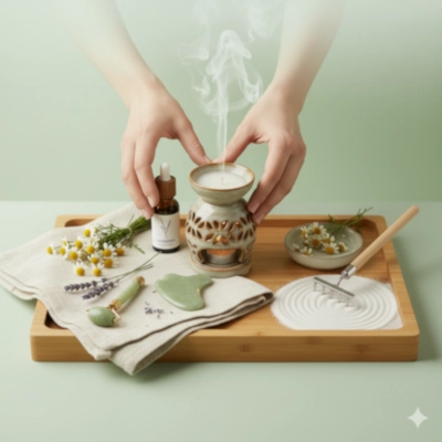 Person practicing stress relief through acupressure techniques